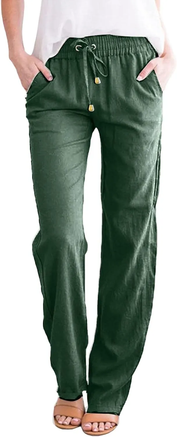 Womens Linen Pants Summer 2025 Elastic Drawstring High Waisted Fit Pant Beach Casual Lightweight Trousers with Pockets