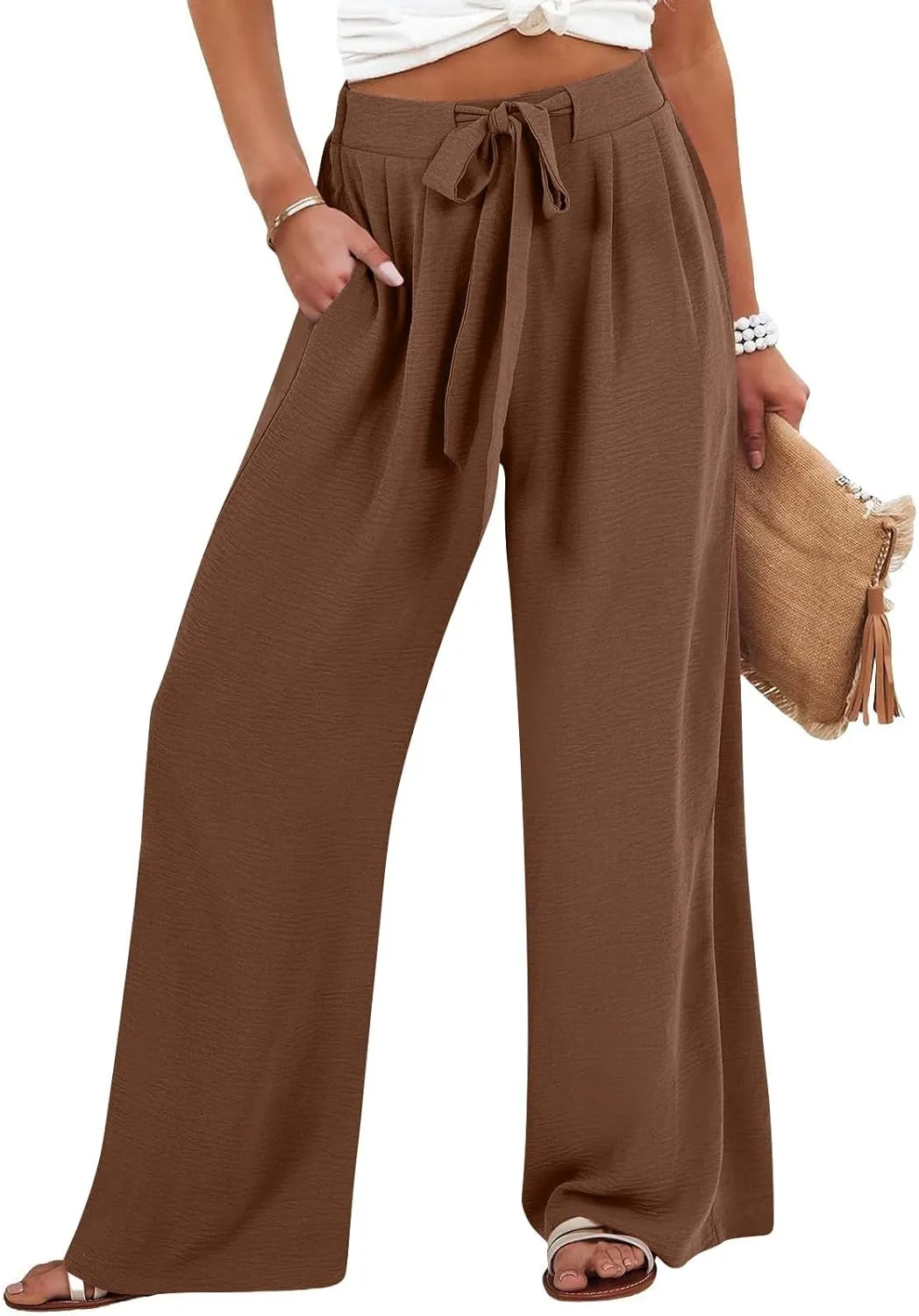 Womens Linen Pants Summer 2025 Solid Casual Drawstring Waist Loose Fit Fashion Drawstring Flowy Palazzo with Pockets