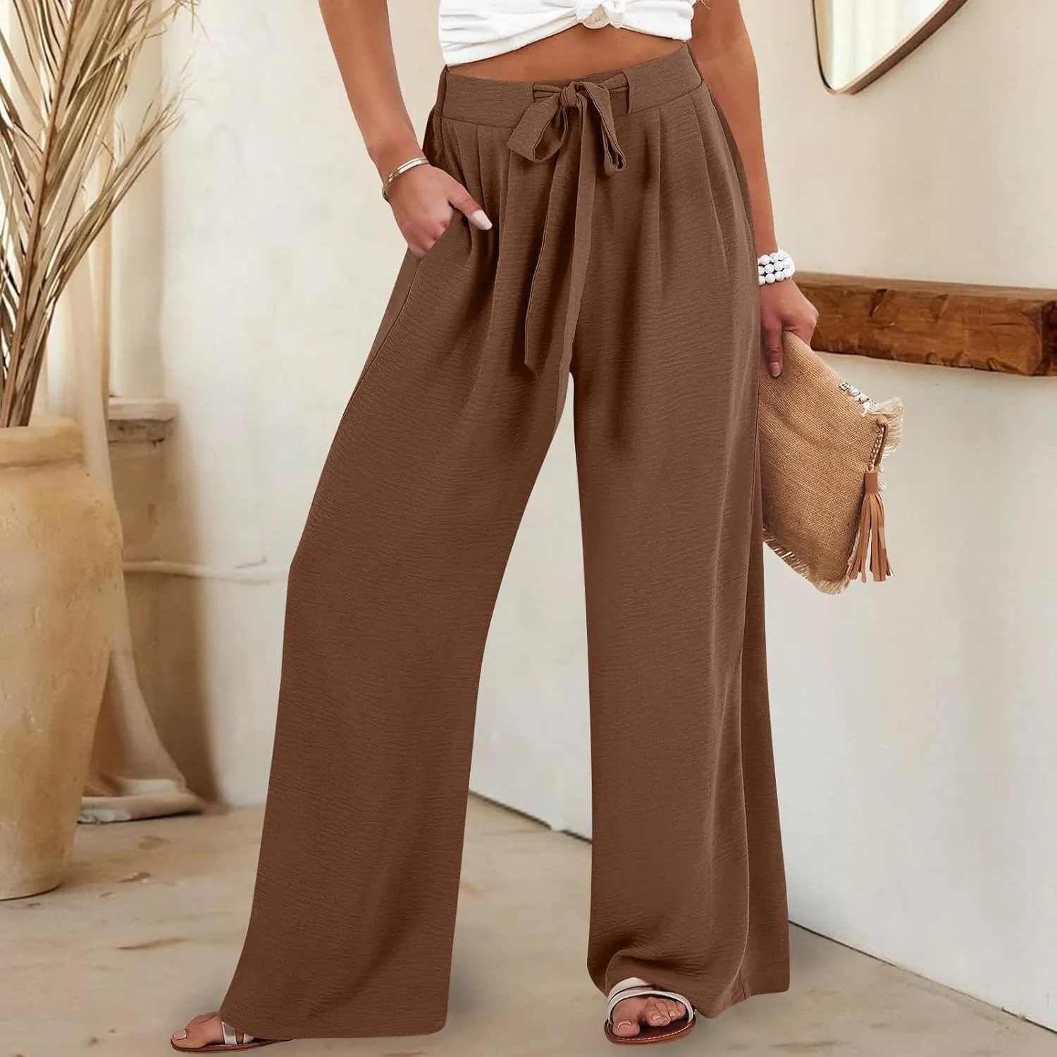 Womens Linen Pants Summer 2025 Solid Casual Drawstring Waist Loose Fit Fashion Drawstring Flowy Palazzo with Pockets