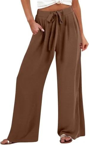 Womens Linen Pants Summer 2025 Solid Casual Drawstring Waist Loose Fit Fashion Drawstring Flowy Palazzo with Pockets