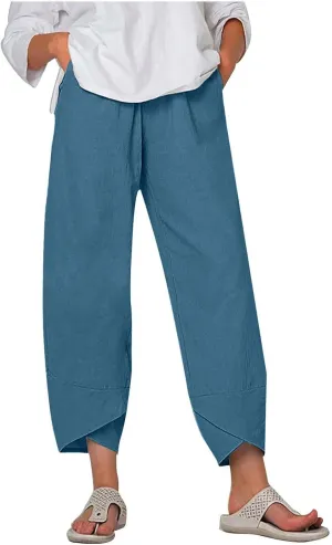 Womens Linen Pants Summer Beach High Waisted Oversized Cropped Pants Casual Loose Fit Trousers 2025 Vacation Clothes