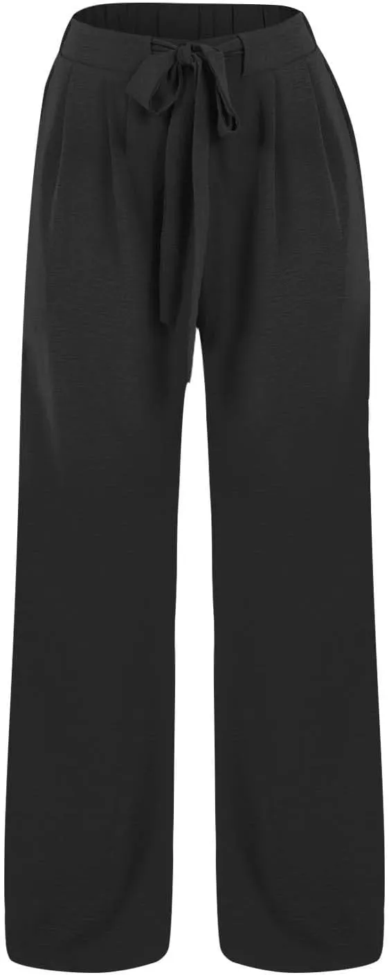 Womens Linen Pants Summer Wide-Leg High Waisted Drawstring Flowy Trousers with Pocket 2025 Casual Trendy Pants