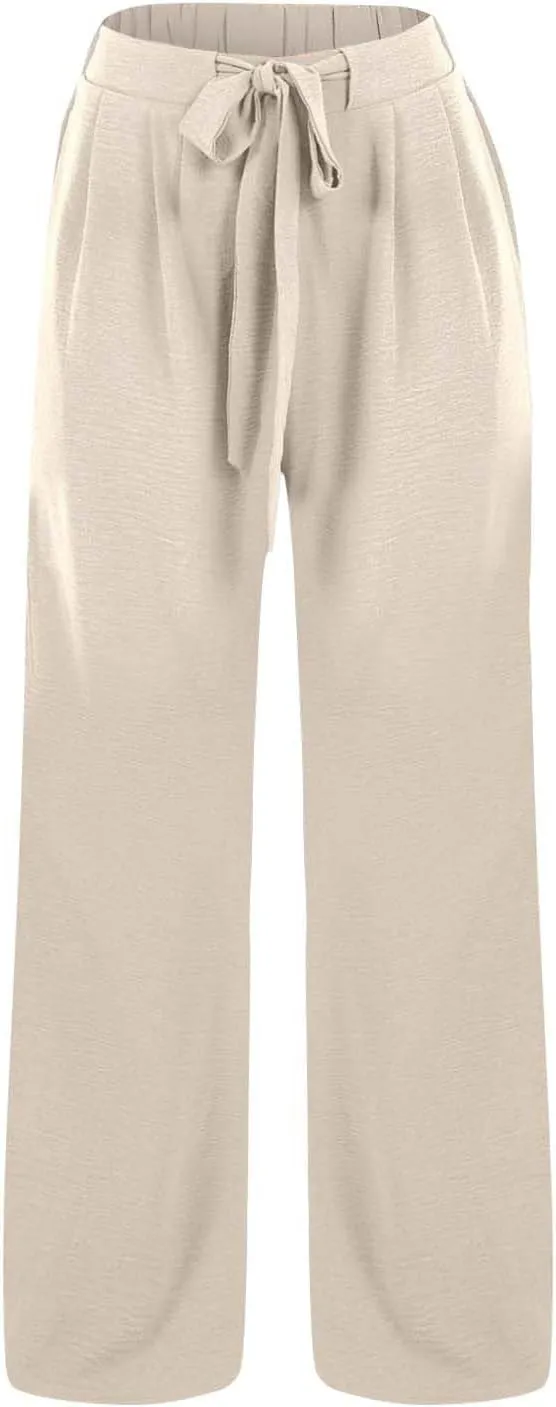 Womens Linen Pants Summer Wide-Leg High Waisted Drawstring Flowy Trousers with Pocket 2025 Casual Trendy Pants