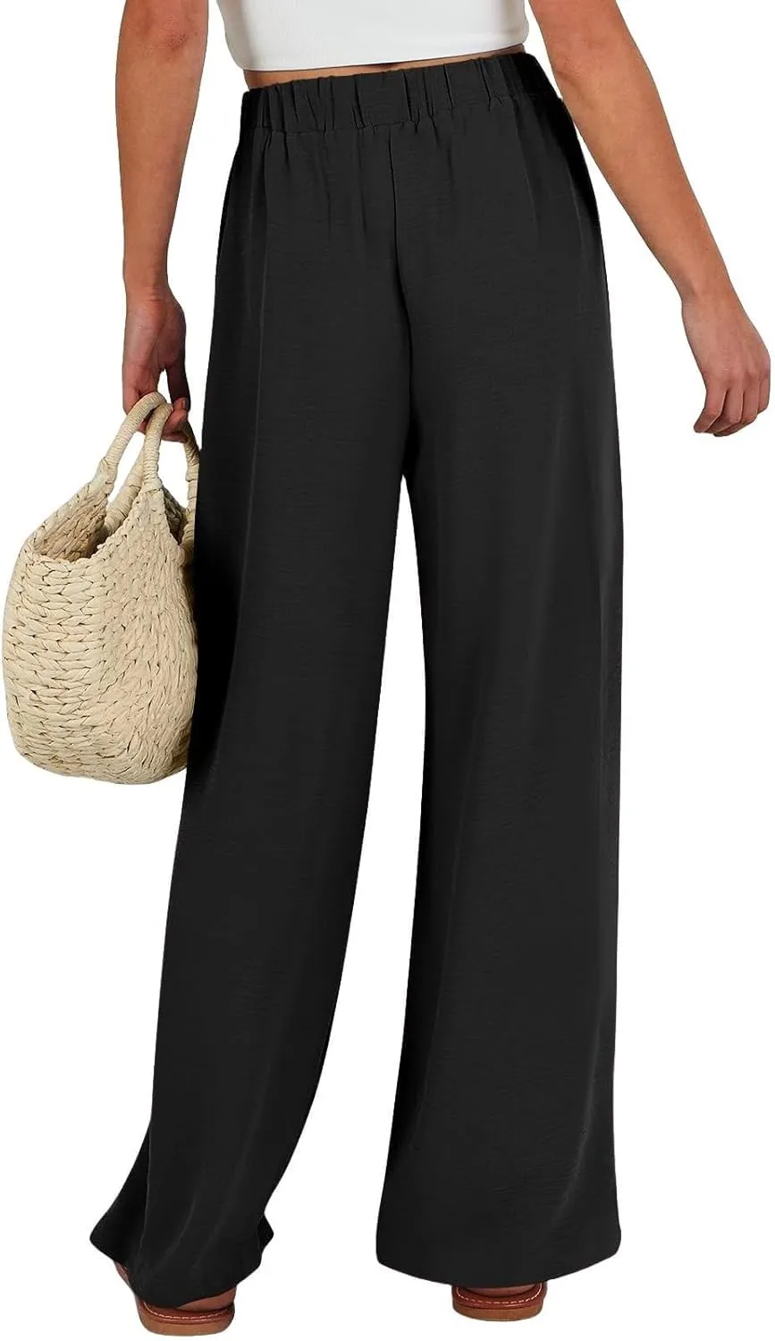 Womens Linen Pants Summer Wide-Leg High Waisted Drawstring Flowy Trousers with Pocket 2025 Casual Trendy Pants
