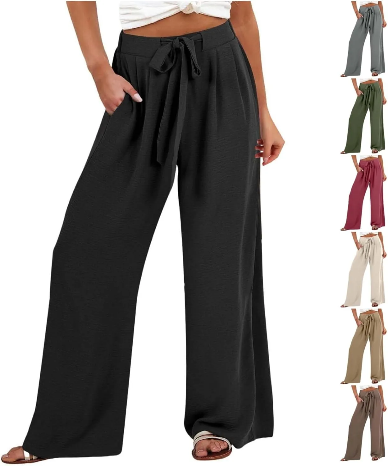 Womens Linen Pants Summer Wide-Leg High Waisted Drawstring Flowy Trousers with Pocket 2025 Casual Trendy Pants