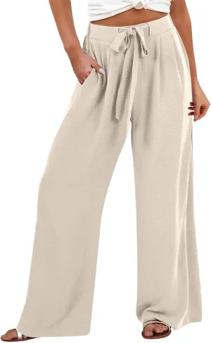 Womens Linen Pants Summer Wide-Leg High Waisted Drawstring Flowy Trousers with Pocket 2025 Casual Trendy Pants