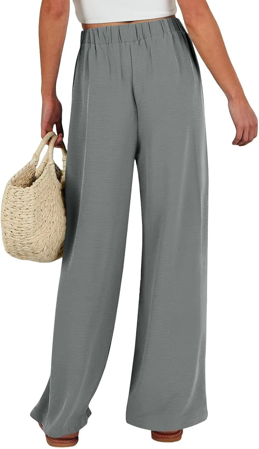Womens Linen Pants Summer Wide-Leg High Waisted Drawstring Flowy Trousers with Pocket 2025 Casual Trendy Pants