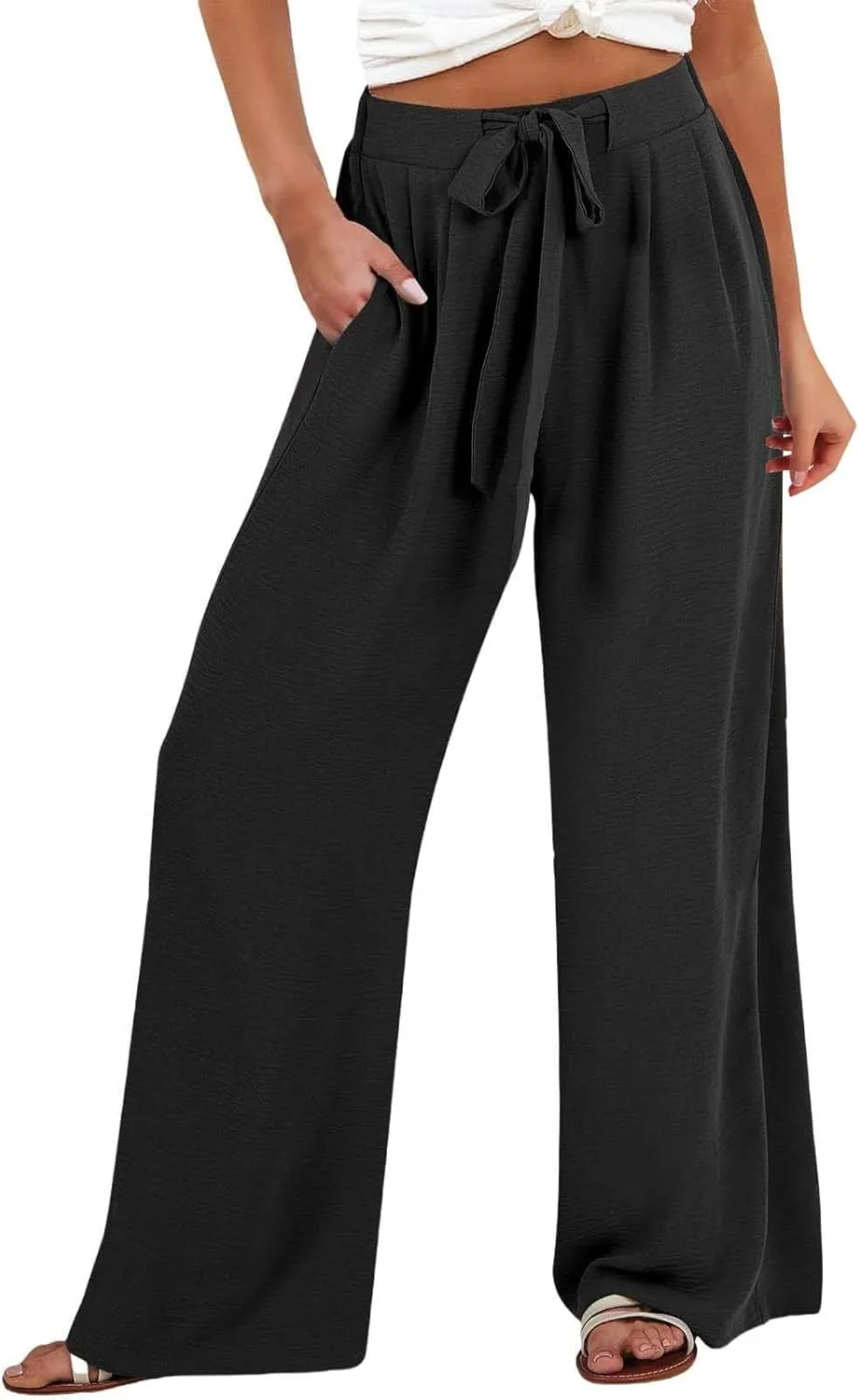 Womens Linen Pants Summer Wide-Leg High Waisted Drawstring Flowy Trousers with Pocket 2025 Casual Trendy Pants