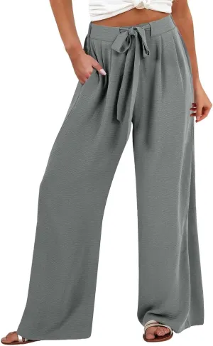 Womens Linen Pants Summer Wide-Leg High Waisted Drawstring Flowy Trousers with Pocket 2025 Casual Trendy Pants