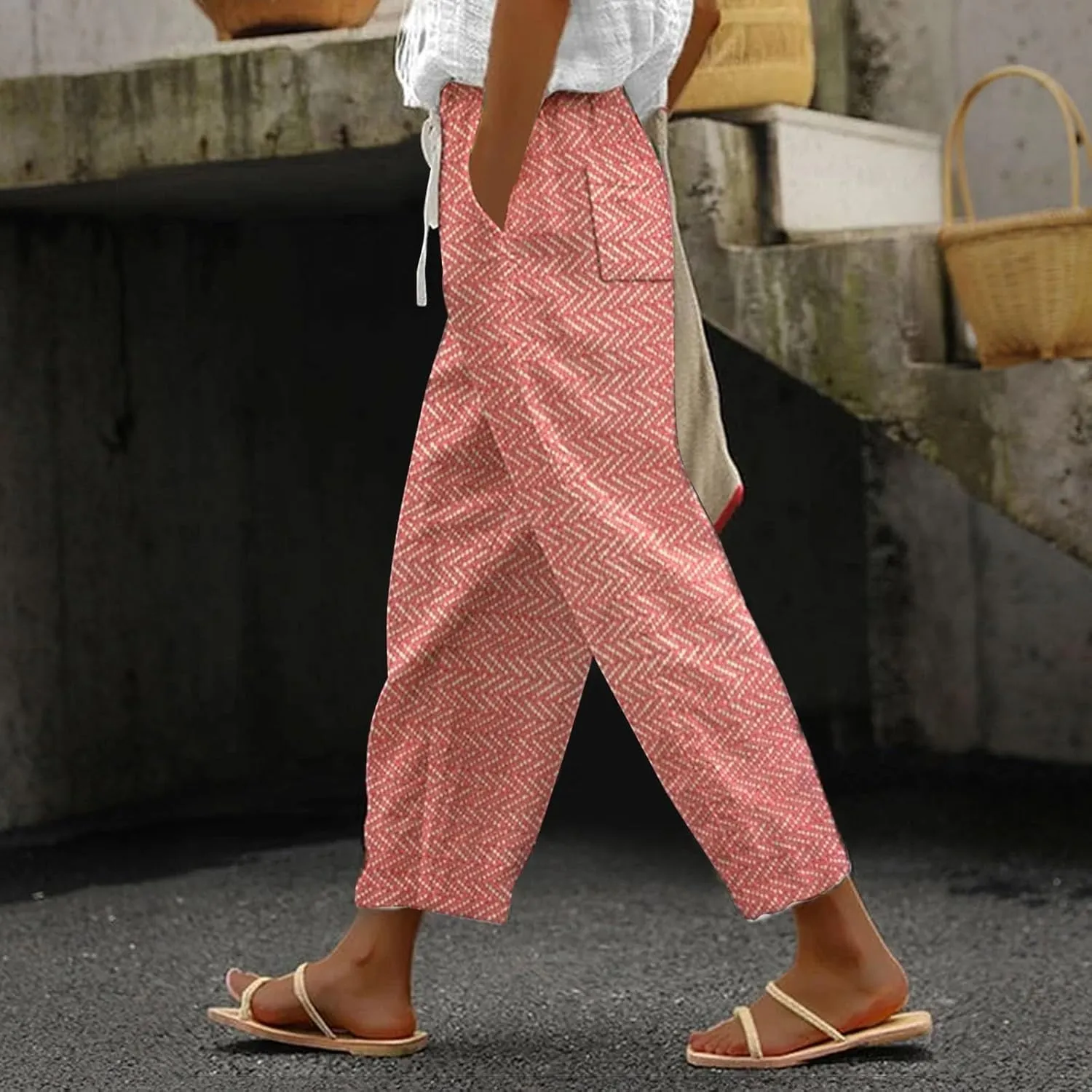 Womens Linen Summer Capri Pants Capri Pants with Pockets Wide Leg Cropped Pants for Women Comfy Loose Summer Beach