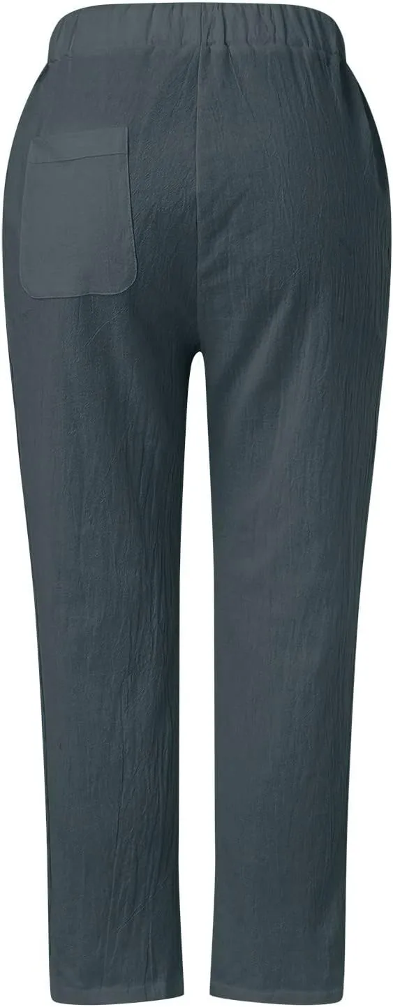 Womens Linen Summer Capri Pants Capri Pants with Pockets Wide Leg Cropped Pants for Women Comfy Loose Summer Beach