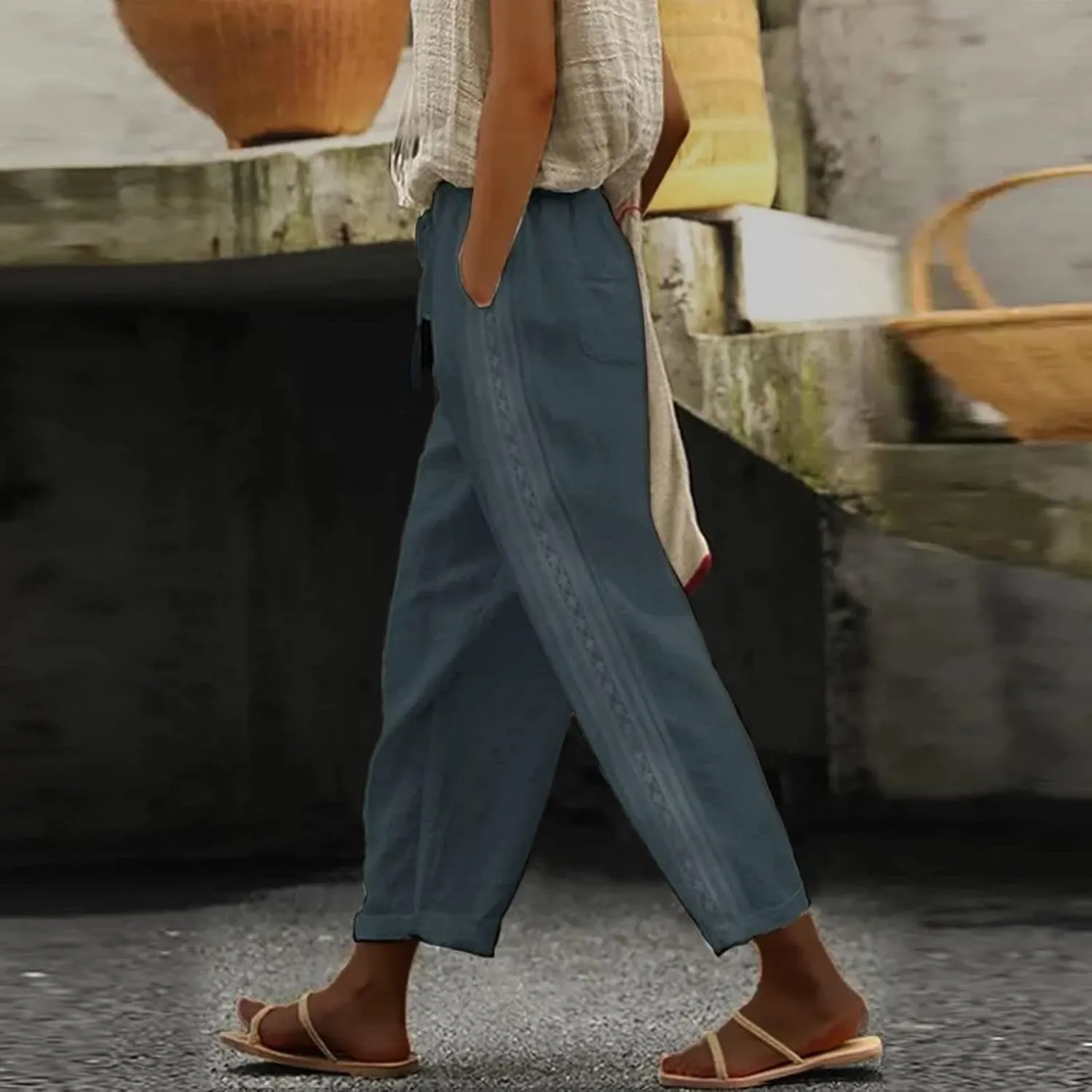 Womens Linen Summer Capri Pants Capri Pants with Pockets Wide Leg Cropped Pants for Women Comfy Loose Summer Beach