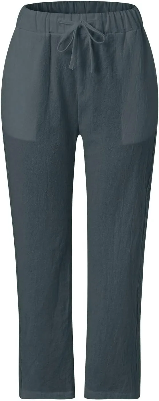 Womens Linen Summer Capri Pants Capri Pants with Pockets Wide Leg Cropped Pants for Women Comfy Loose Summer Beach