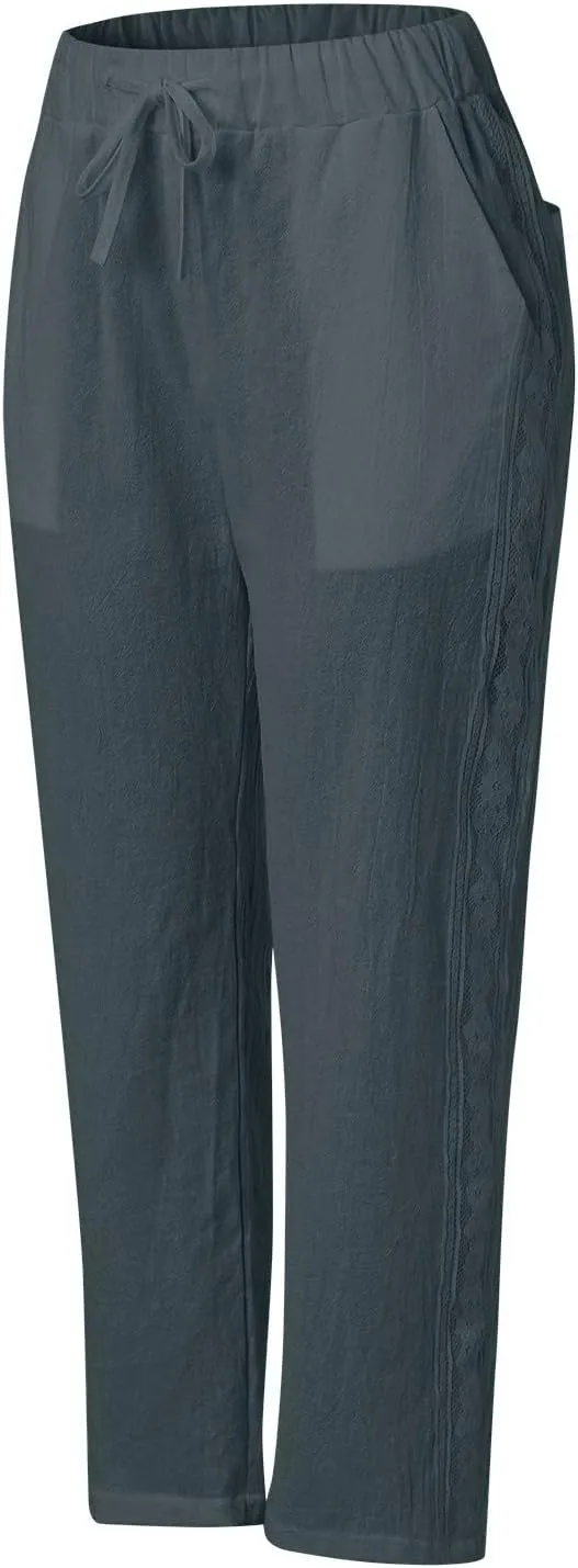 Womens Linen Summer Capri Pants Capri Pants with Pockets Wide Leg Cropped Pants for Women Comfy Loose Summer Beach