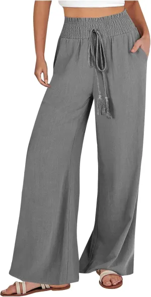 Womens Linen Summer Pull On Palazzo Lounge Pants High Waist Ankle Length Loose Fit Pants Work Business