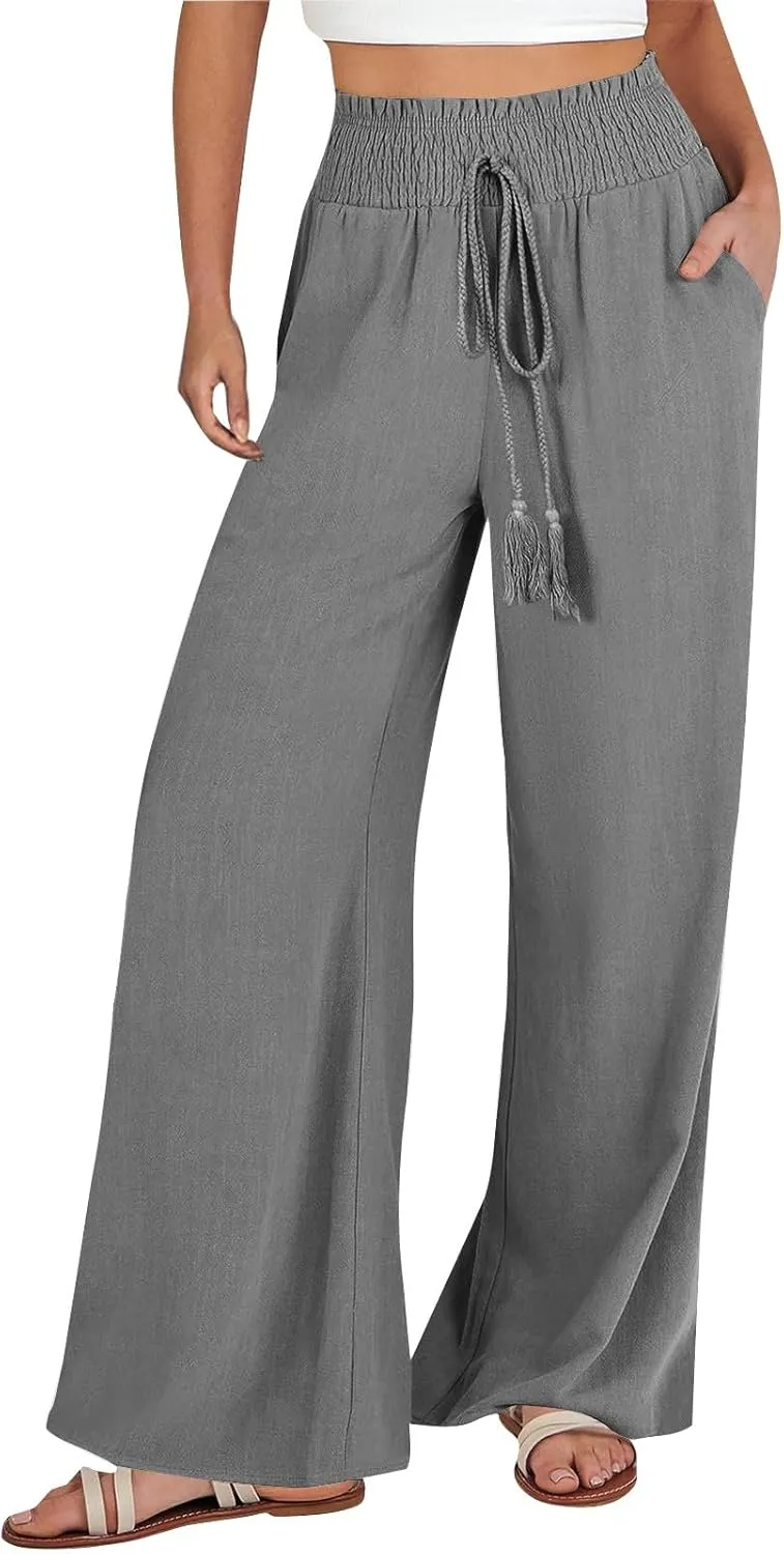 Womens Linen Summer Pull On Palazzo Lounge Pants High Waist Ankle Length Loose Fit Pants Work Business