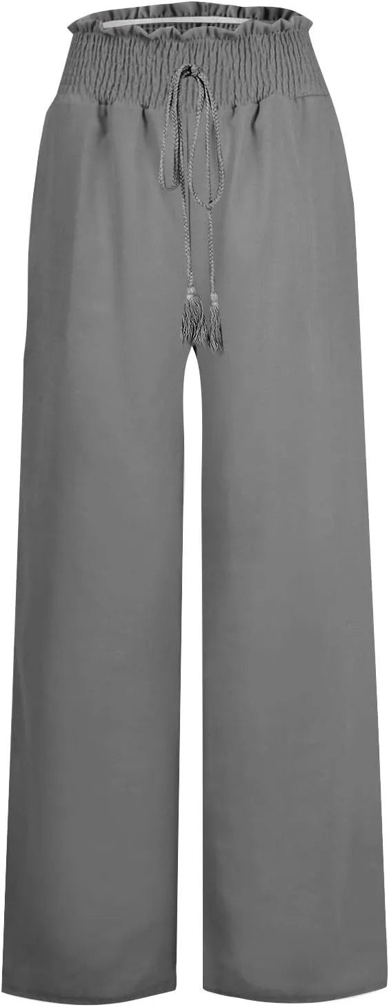 Womens Linen Summer Pull On Palazzo Lounge Pants High Waist Ankle Length Loose Fit Pants Work Business
