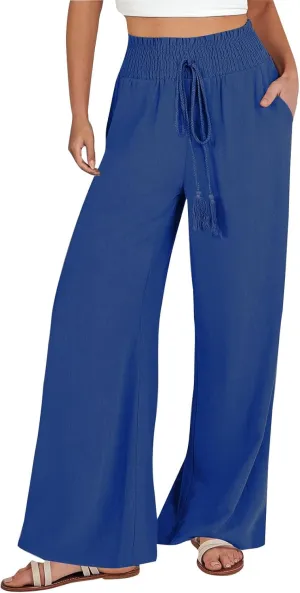 Womens Linen Summer Split Flowy Palazzo Lounge Pants Elastic Waist Bootcut Loose Fit Palazzo Pants Work Business