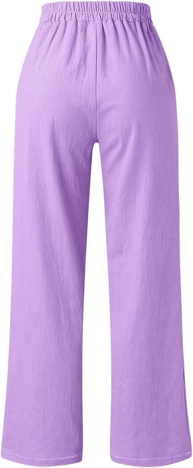 Women's Linen Wide Leg Pants High Waist Casual Long Lounge Adjustable Tie Business Casual Tie Knot Trousers Plus Size