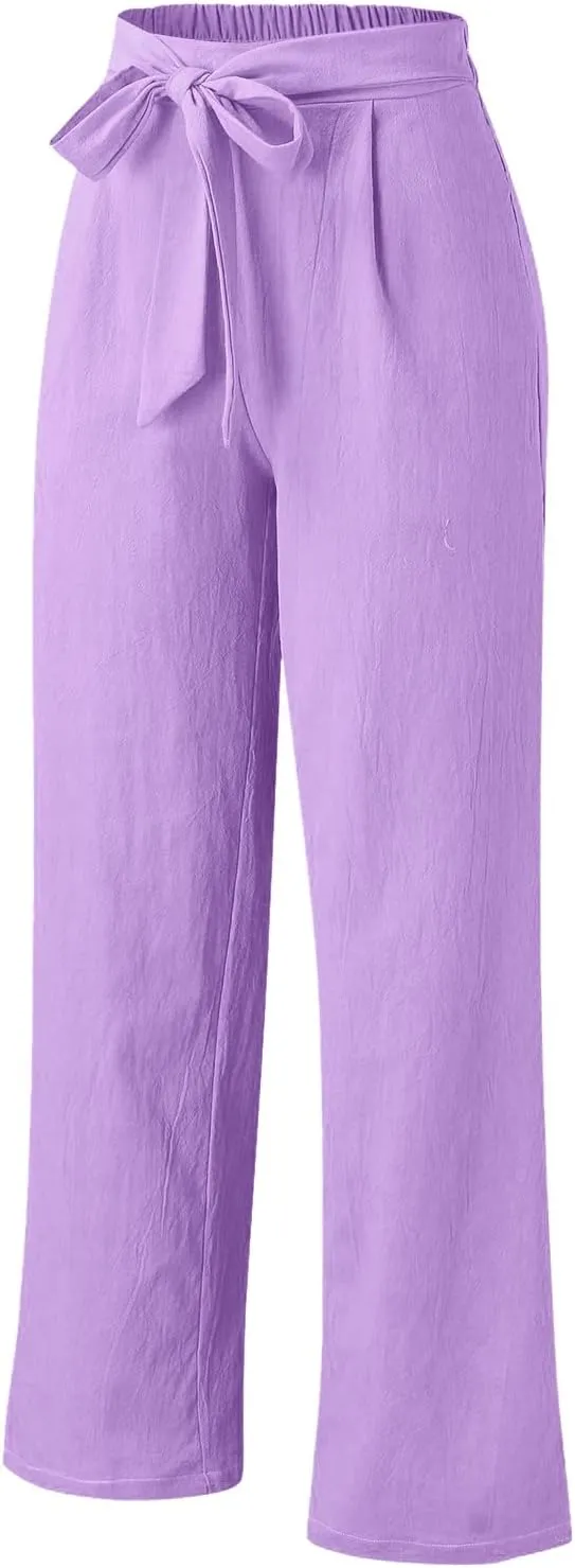 Women's Linen Wide Leg Pants High Waist Casual Long Lounge Adjustable Tie Business Casual Tie Knot Trousers Plus Size
