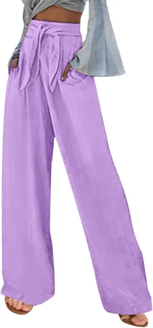 Women's Linen Wide Leg Pants High Waist Casual Long Lounge Adjustable Tie Business Casual Tie Knot Trousers Plus Size