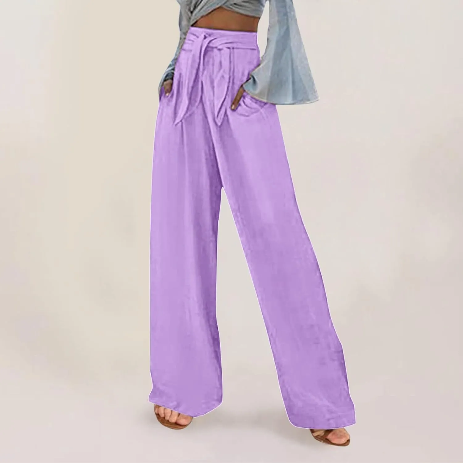 Women's Linen Wide Leg Pants High Waist Casual Long Lounge Adjustable Tie Business Casual Tie Knot Trousers Plus Size