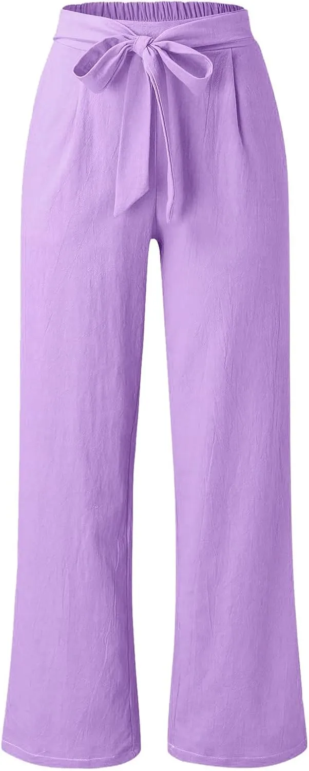 Women's Linen Wide Leg Pants High Waist Casual Long Lounge Adjustable Tie Business Casual Tie Knot Trousers Plus Size