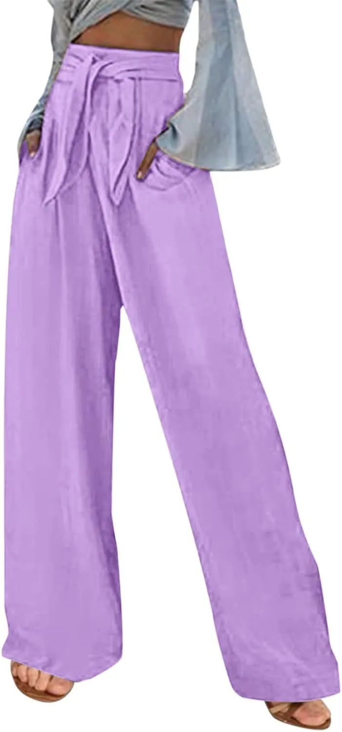 Women's Linen Wide Leg Pants High Waist Casual Long Lounge Adjustable Tie Business Casual Tie Knot Trousers Plus Size
