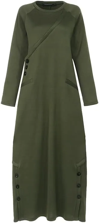 Womens Long Sleeve Hooded Maxi Pullover Hoodie Dress Split Side Loose Sweatshirt Dresses for Women
