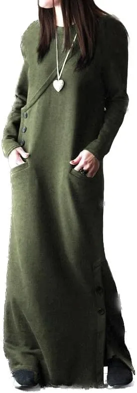 Womens Long Sleeve Hooded Maxi Pullover Hoodie Dress Split Side Loose Sweatshirt Dresses for Women