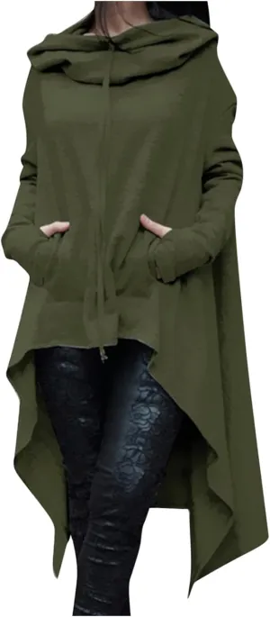 Womens Long Sleeve Sweatshirts Irregular Hem Long Hoodies for Women Black Cloak Tunic Tops With Hood and Pockets