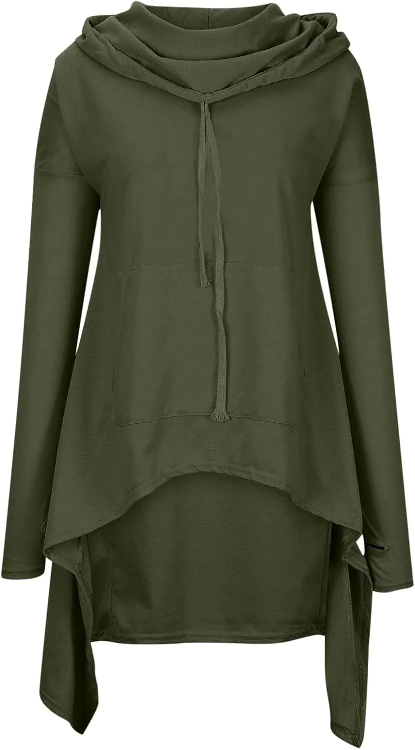 Womens Long Sleeve Sweatshirts Irregular Hem Long Hoodies for Women Black Cloak Tunic Tops With Hood and Pockets