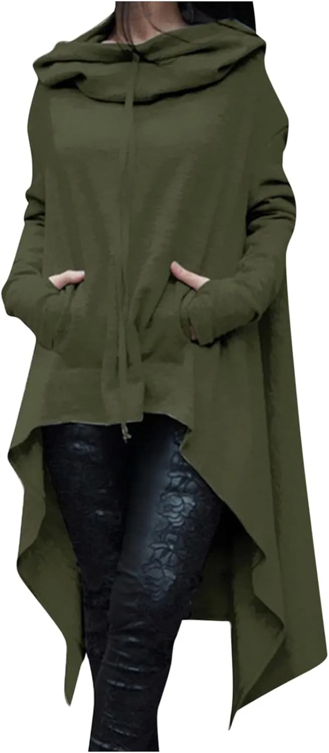 Womens Long Sleeve Sweatshirts Irregular Hem Long Hoodies for Women Black Cloak Tunic Tops With Hood and Pockets