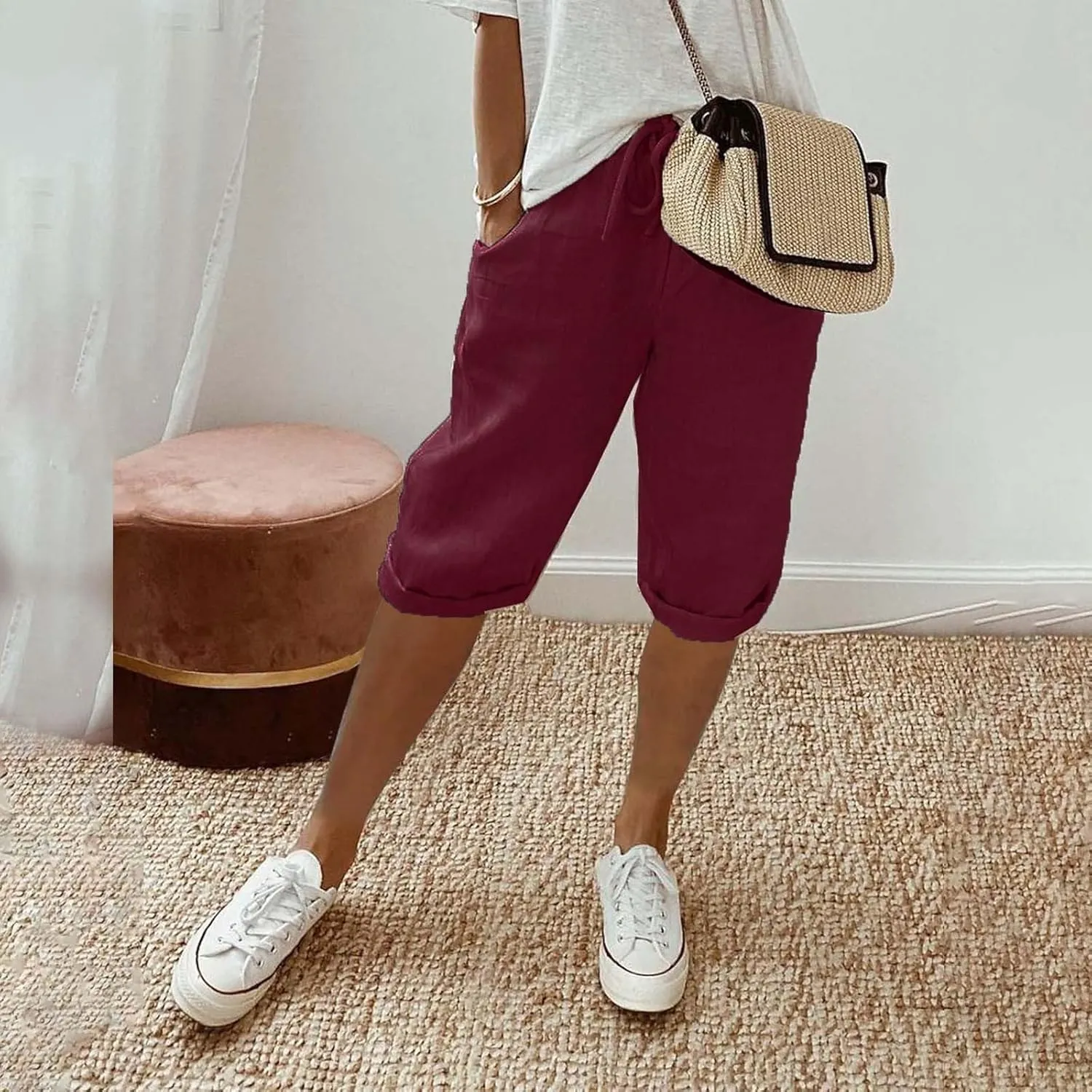Women's Loose Linen Capris Adjustable Waist Wide Leg Cropped Trousers Beach Holidays Casual Pants with Pockets