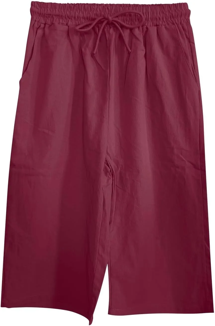 Women's Loose Linen Capris Adjustable Waist Wide Leg Cropped Trousers Beach Holidays Casual Pants with Pockets