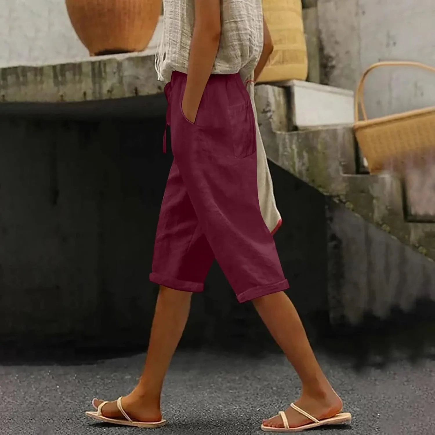 Women's Loose Linen Capris Adjustable Waist Wide Leg Cropped Trousers Beach Holidays Casual Pants with Pockets