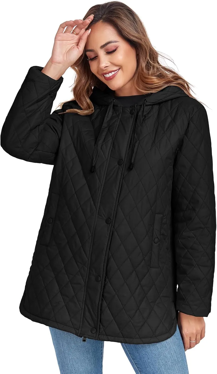 Womens Oversized Quilted Jackets Lightweight Long Sleeve Full Zipper Puffer Jacket Casual Hooded Winter Coats