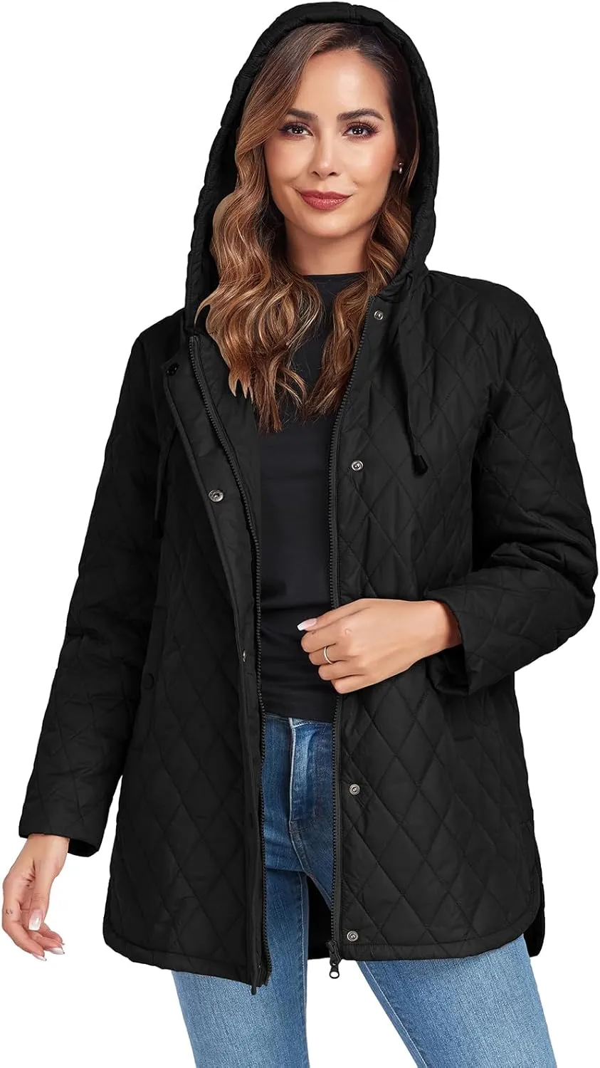 Womens Oversized Quilted Jackets Lightweight Long Sleeve Full Zipper Puffer Jacket Casual Hooded Winter Coats