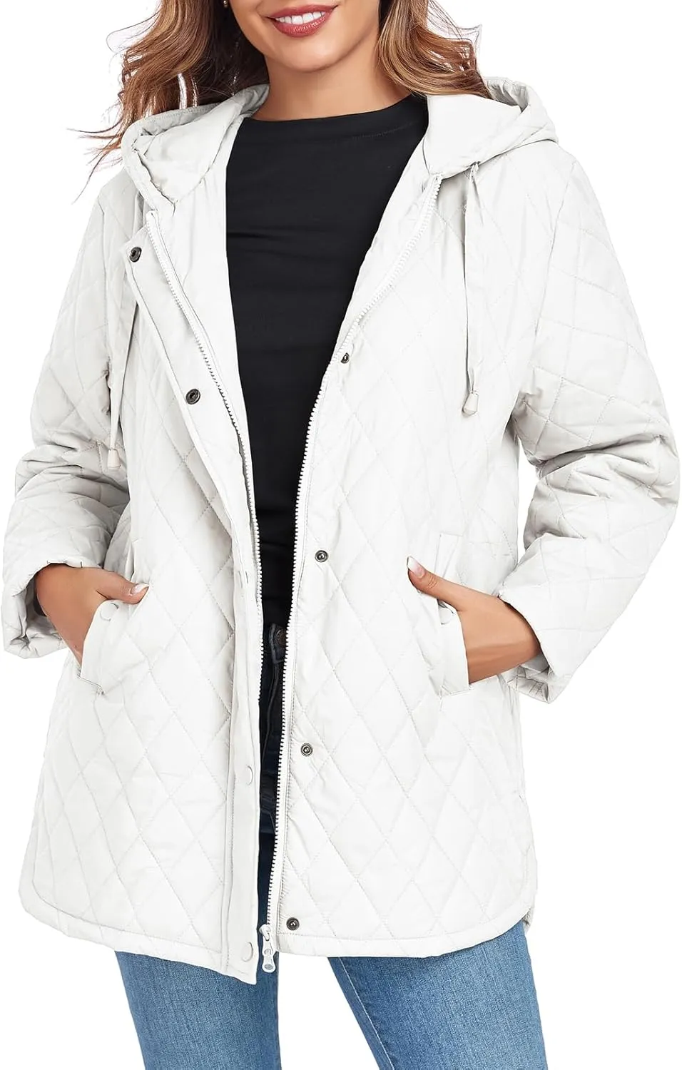 Womens Oversized Quilted Jackets Lightweight Long Sleeve Full Zipper Puffer Jacket Casual Hooded Winter Coats