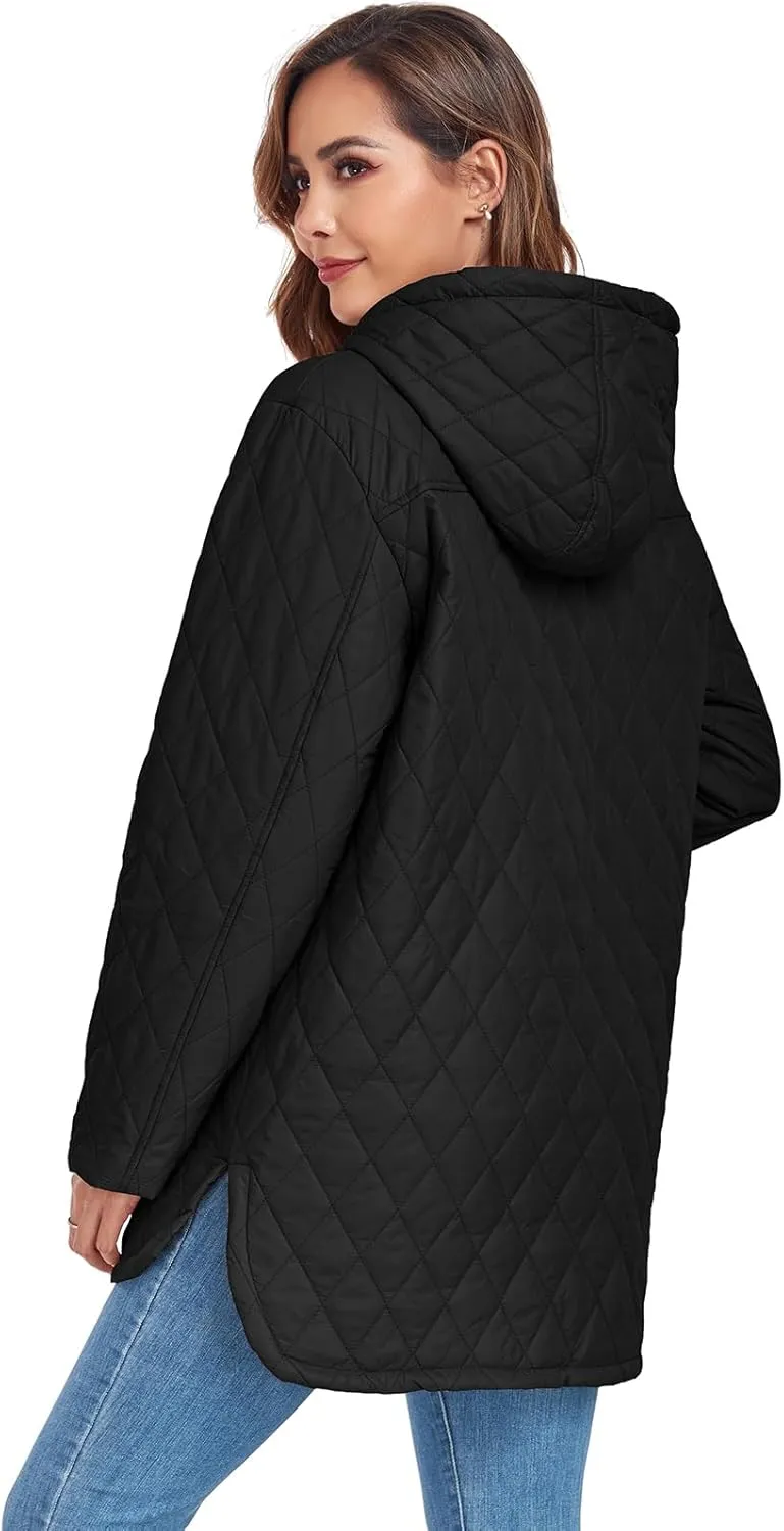 Womens Oversized Quilted Jackets Lightweight Long Sleeve Full Zipper Puffer Jacket Casual Hooded Winter Coats