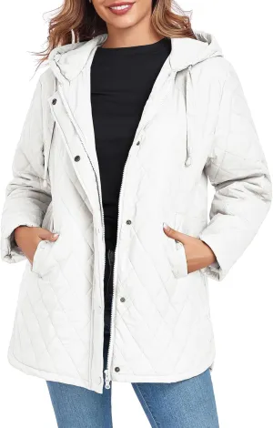 Womens Oversized Quilted Jackets Lightweight Long Sleeve Full Zipper Puffer Jacket Casual Hooded Winter Coats