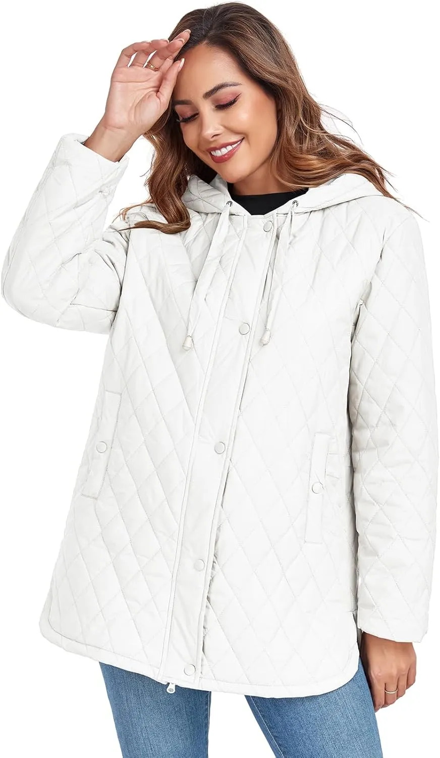Womens Oversized Quilted Jackets Lightweight Long Sleeve Full Zipper Puffer Jacket Casual Hooded Winter Coats