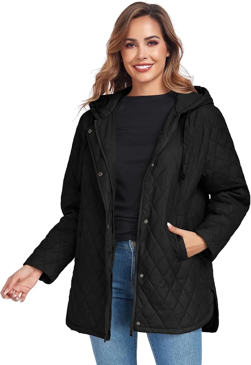 Womens Oversized Quilted Jackets Lightweight Long Sleeve Full Zipper Puffer Jacket Casual Hooded Winter Coats