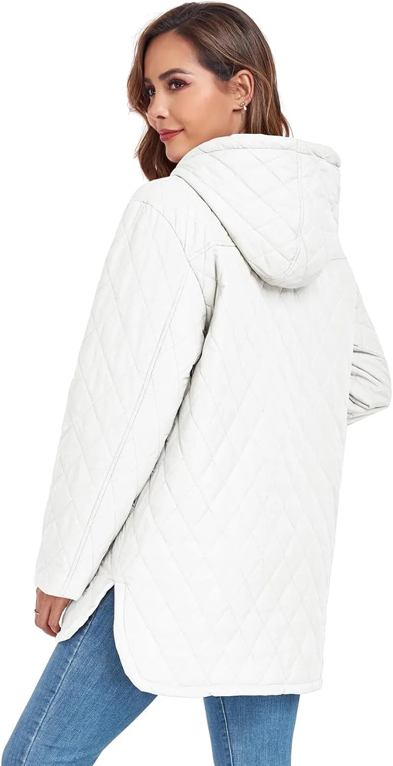 Womens Oversized Quilted Jackets Lightweight Long Sleeve Full Zipper Puffer Jacket Casual Hooded Winter Coats