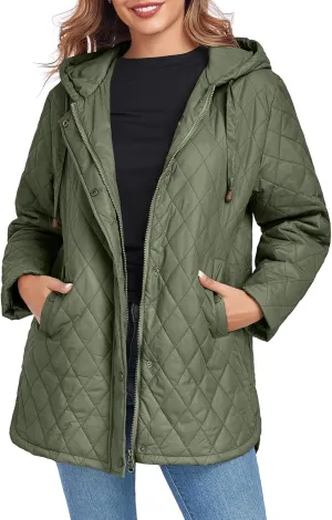Womens Oversized Quilted Jackets Lightweight Long Sleeve Full Zipper Puffer Jacket Casual Hooded Winter Coats
