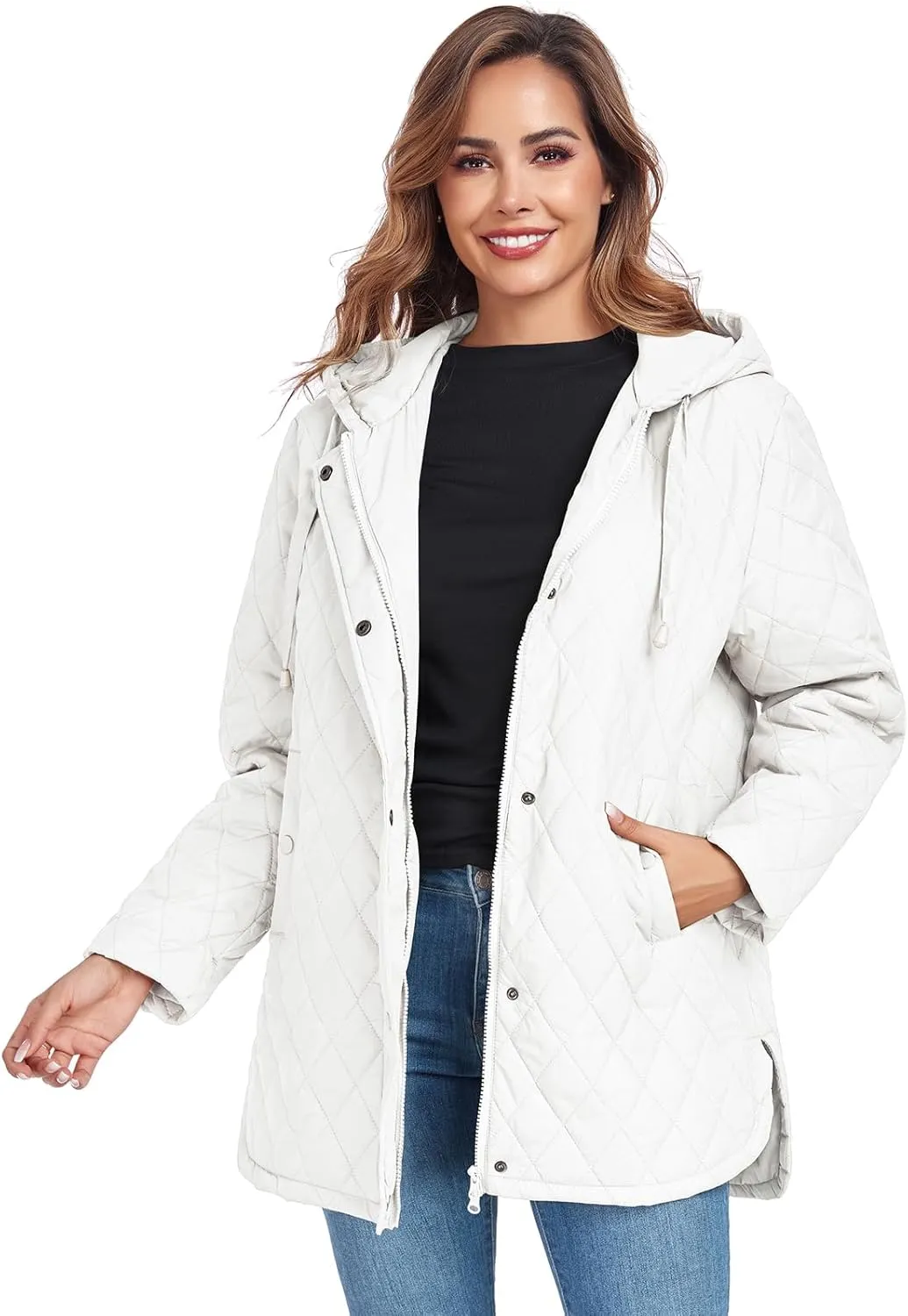 Womens Oversized Quilted Jackets Lightweight Long Sleeve Full Zipper Puffer Jacket Casual Hooded Winter Coats