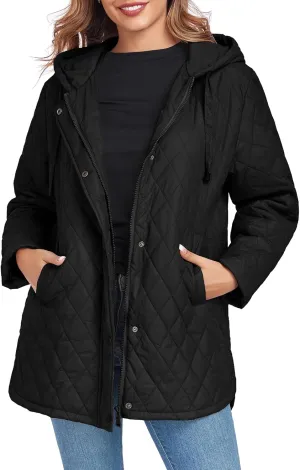 Womens Oversized Quilted Jackets Lightweight Long Sleeve Full Zipper Puffer Jacket Casual Hooded Winter Coats