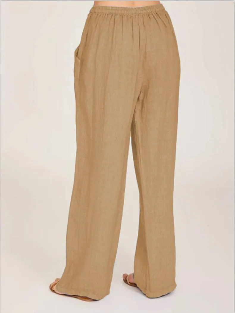Women's Pants Cotton Linen Summer Wide Leg Casual Loose Drawstring with Pockets Trousers High Waist Palazzo Pants