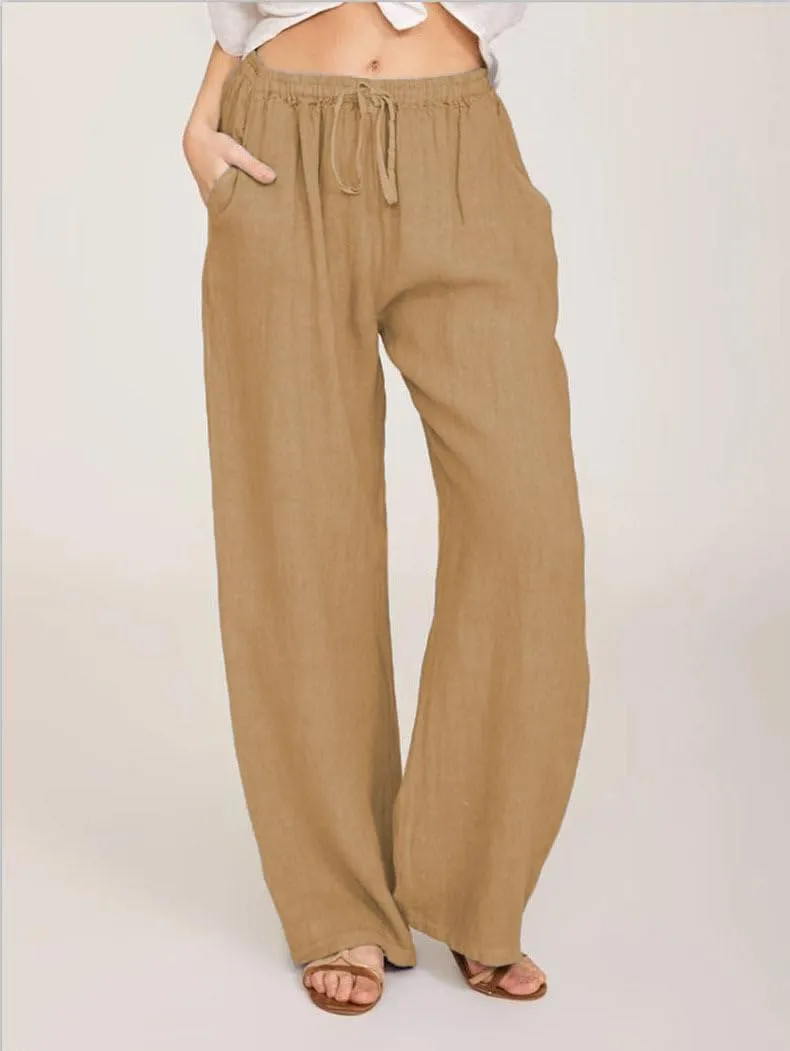 Women's Pants Cotton Linen Summer Wide Leg Casual Loose Drawstring with Pockets Trousers High Waist Palazzo Pants