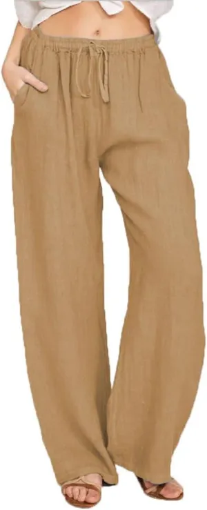 Women's Pants Cotton Linen Summer Wide Leg Casual Loose Drawstring with Pockets Trousers High Waist Palazzo Pants